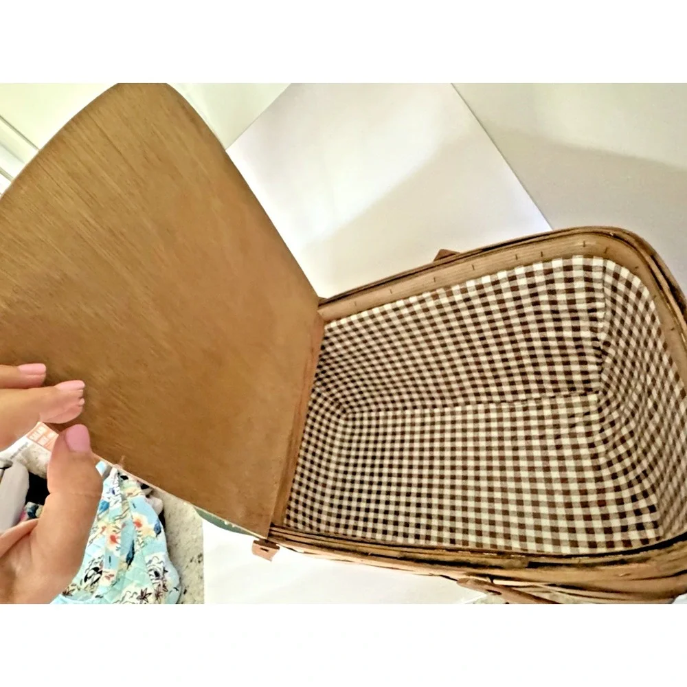 Wooden Picnic Basket Hand Painted Lined  Floral Lid Rustic Cottage Charm